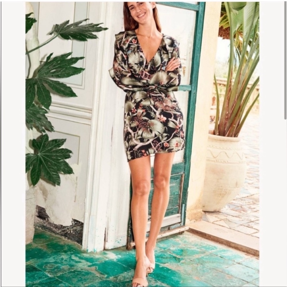 Johanna Ortiz x H&M Floral Palm Pattern Flounce Mini Dress Black and Green Sz XS
